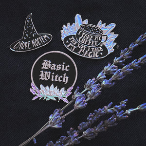 Funny witchcraft pagan themed enamel pin accessory for women.