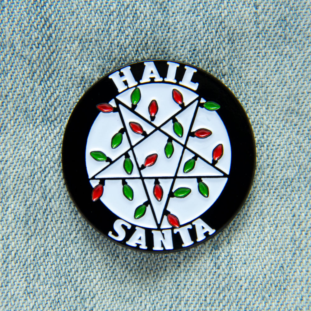 "Hail Santa" inverted pentacle Christmas enamel pin.