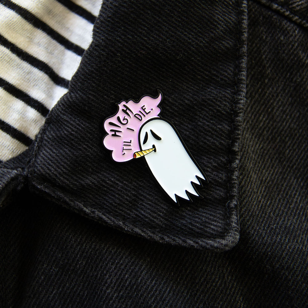 A cool lapel pin of a weed smoking ghost for goth fashion. 