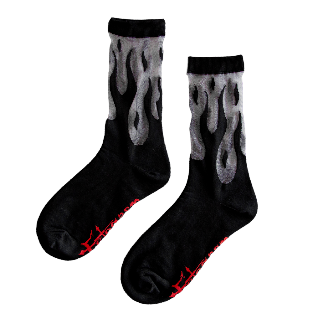 Women's cool sheer socks with black flames for an alternative aesthetic. Designed by Ectogasm.