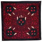 A black and red occult art wall hanging with black cats, medieval nature imagery, and candles. 