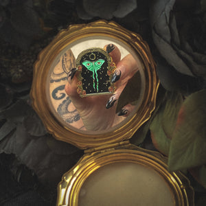 A beautiful luna moth lapel pin for an alternative witchy aesthetic, pictured in an antique mirror.