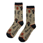 True crime socks featuring mushroom, leaves, flowers, and human teeth for subtly spooky style. 