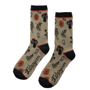 True crime socks featuring mushroom, leaves, flowers, and human teeth for subtly spooky style. 