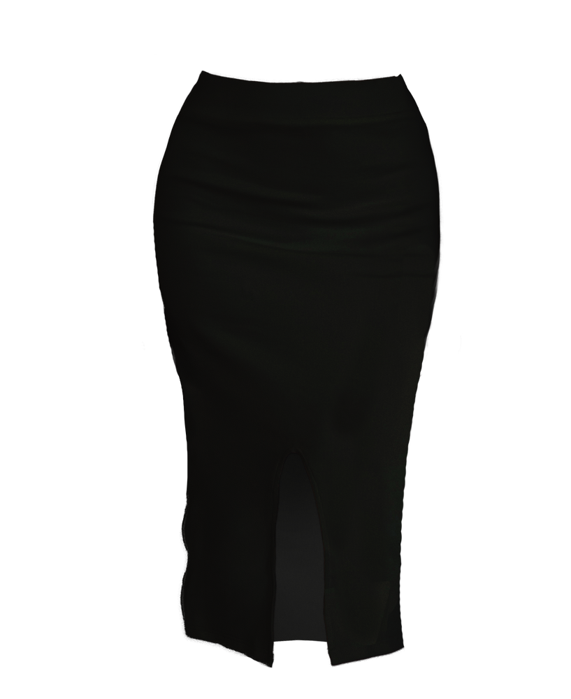 A black stretchy pencil skirt for beach goth fashion. 