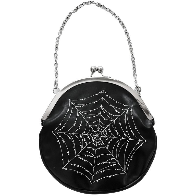 A black vegan leather purse with a silver kiss lock vintage frame and spiderweb embroidery. 