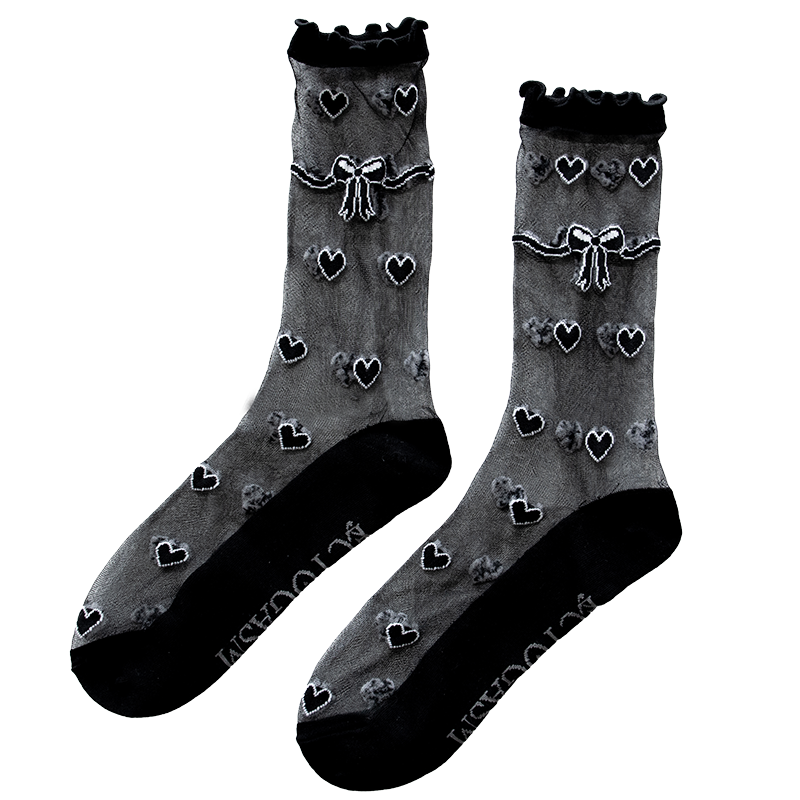 Sheer black socks with a heart and bow pattern and ruffle fringe on top. 