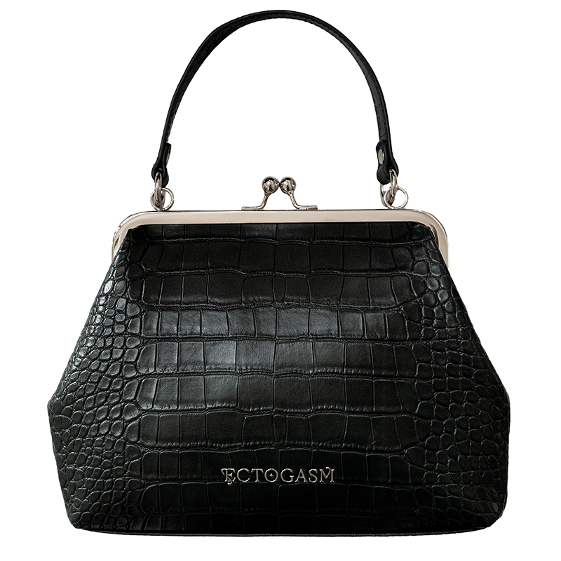 A vintage style clasp purse made with black crocodile skin vegan leather and silver hardware. 