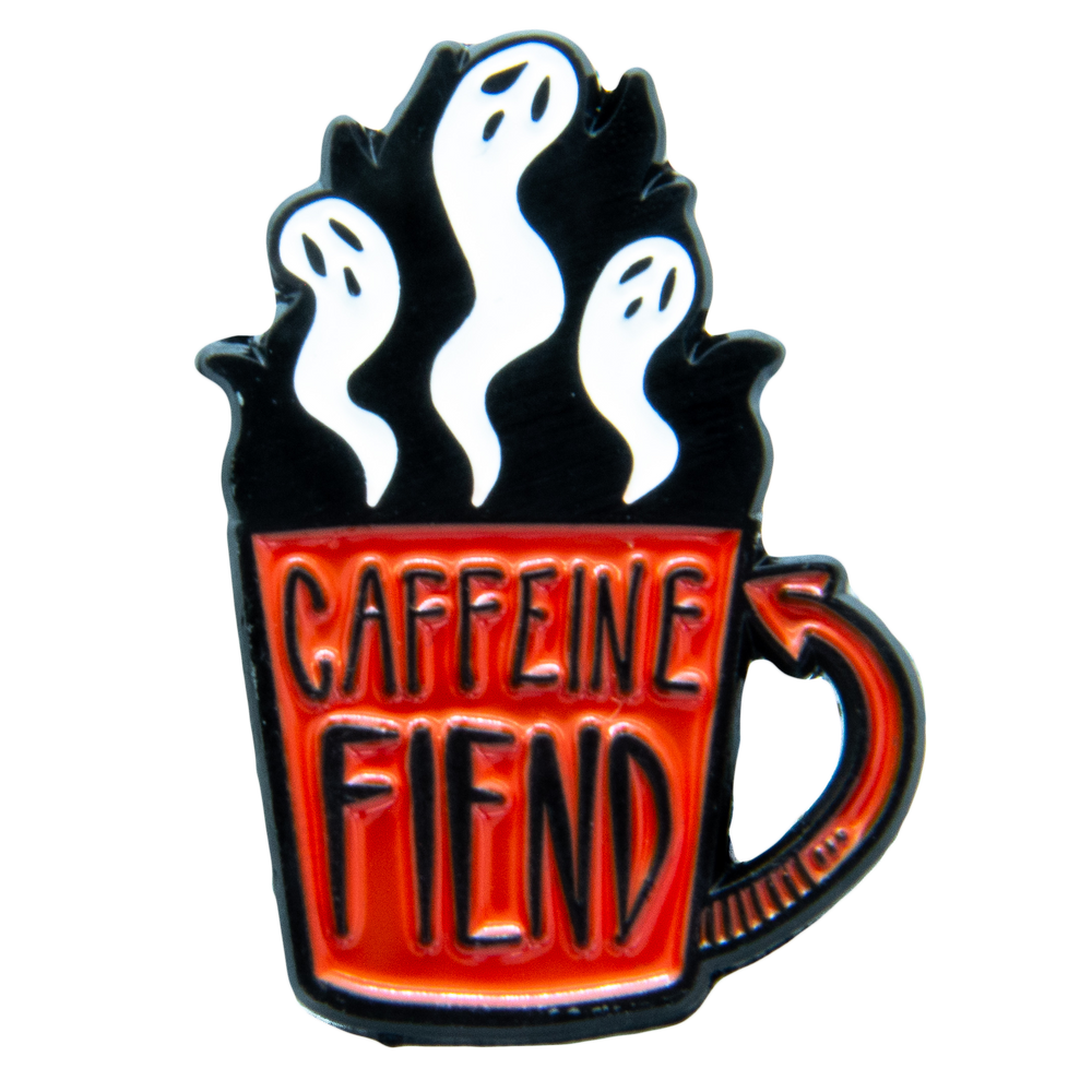 A funny enamel pin of a coffee cup with ghosts. 
