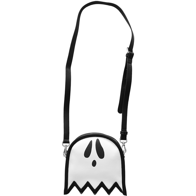 A crossbody purse in black and white vegan leather shaped like a creepy cute ghost for goth fashion.