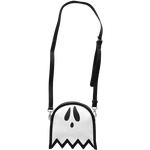 A crossbody purse in black and white vegan leather shaped like a creepy cute ghost for goth fashion.