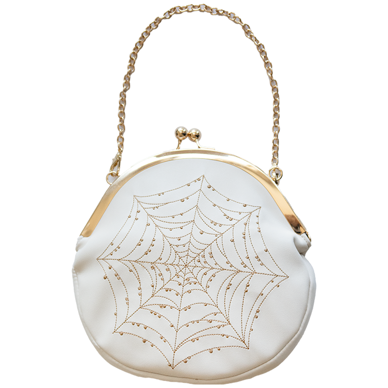 A round white and gold vegan leather purse embroidered with a gold cobweb for witchy fashion. 
