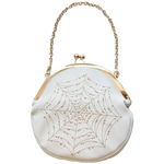 A round white and gold vegan leather purse embroidered with a gold cobweb for witchy fashion. 