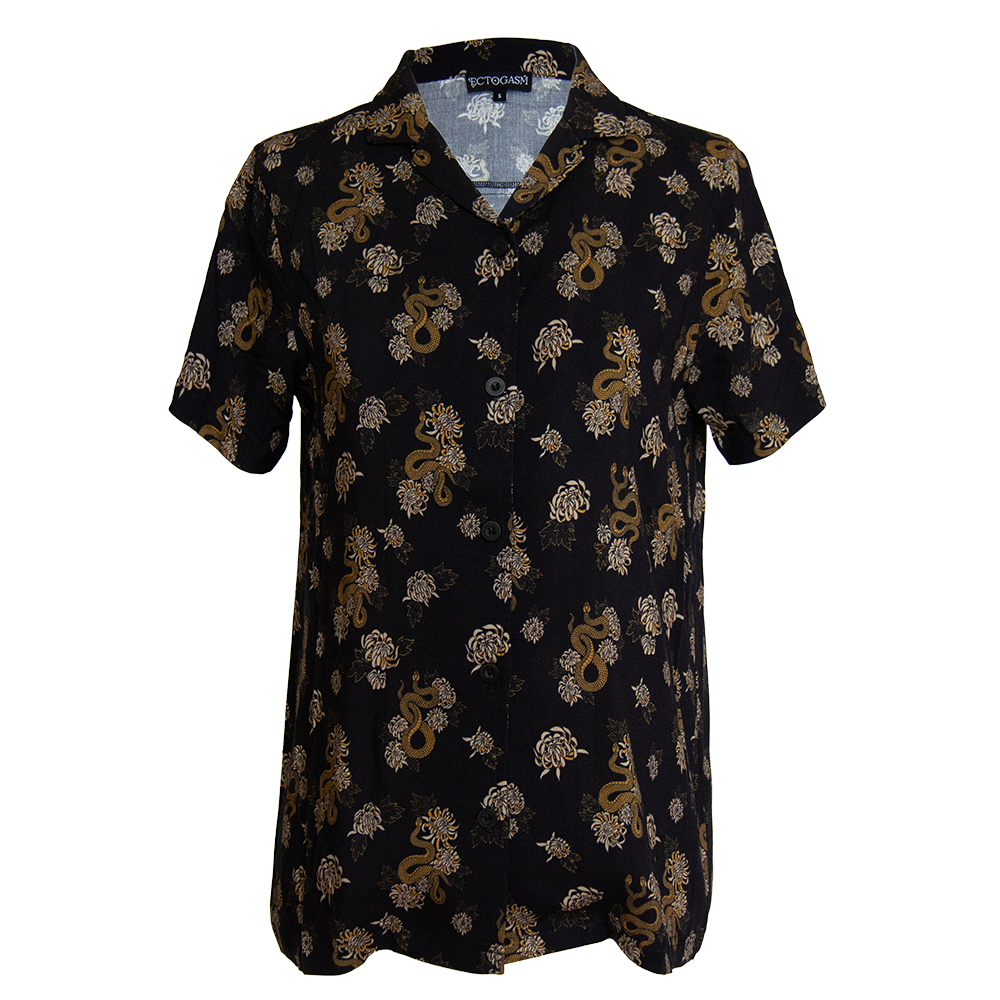 Women's gothic fashion button down shirt with snake and flower print in black and yellow. 