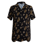 Women's gothic fashion button down shirt with snake and flower print in black and yellow. 