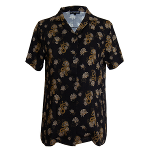 Women's gothic fashion button down shirt with snake and flower print in black and yellow. 