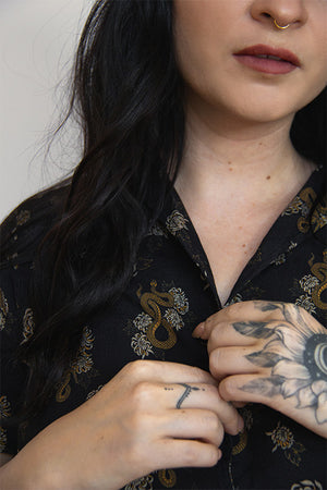 Snakes and dark florals button down shirt for women's alternative western aesthetic. 