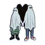 A creepy cute enamel pin of two emo sheet ghosts holding hands in front of a heart. 