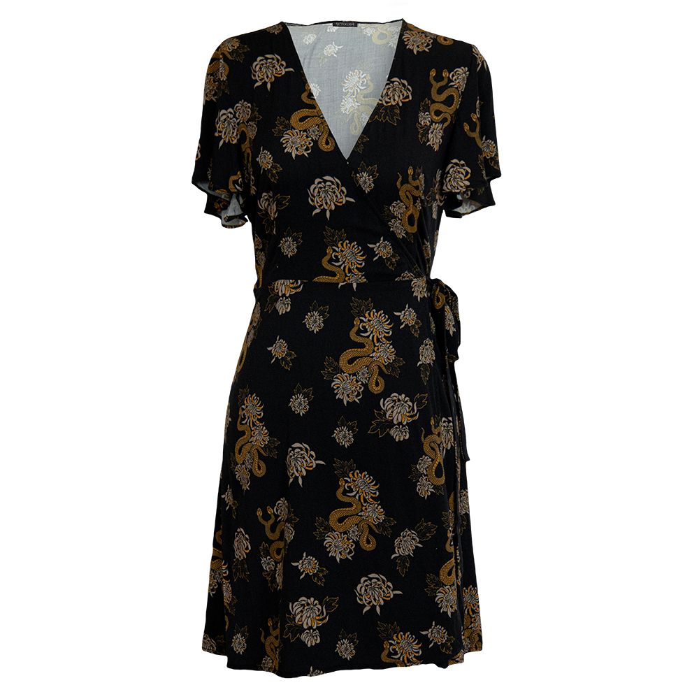 Ectogasm black and gold flutter sleeve wrap dress with a snakes and botanical flowers print. 