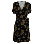 Ectogasm black and gold flutter sleeve wrap dress with a snakes and botanical flowers print. 