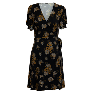 Ectogasm black and gold flutter sleeve wrap dress with a snakes and botanical flowers print. 