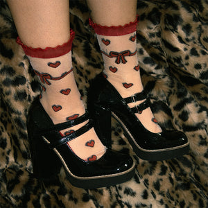 Women's cute romantic fashion red heart socks. 