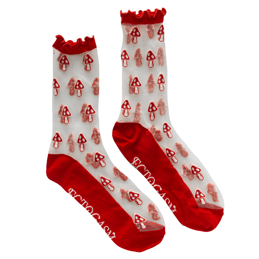 Women's sheer socks with mushroom print n red. 