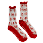 Women's sheer socks with mushroom print n red. 