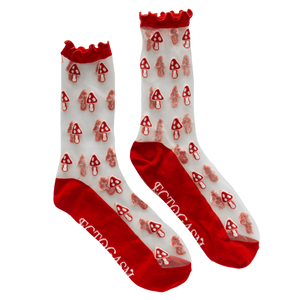 Women's sheer socks with mushroom print n red. 