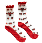 Sheer socks with red hearts, bows, and ruffles for women's fashion.