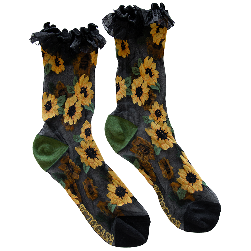 Sheer sunflower socks in black, green, and yellow for women's unique fashion.