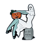 A spooky enamel pin of a vintage pinup ghost woman holding a pumpkin. 