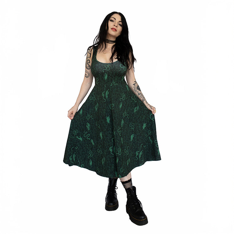 An alternative fashion fit and flare dress with a gothic print. 