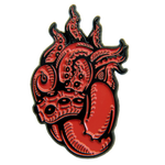 A red and black enamel pin of a heart made out of tentacles. 