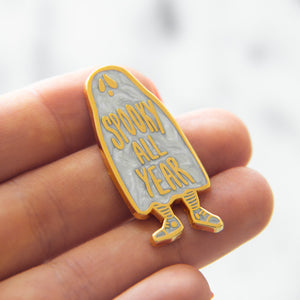 18k gold plated "Spooky All Year" spirit ghost enamel pin for Halloween.