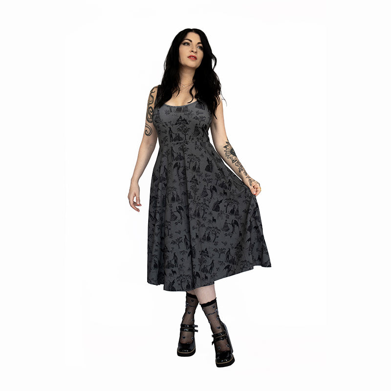 A soft, stretchy goth style dress with pinup vintage fit and flare style. 