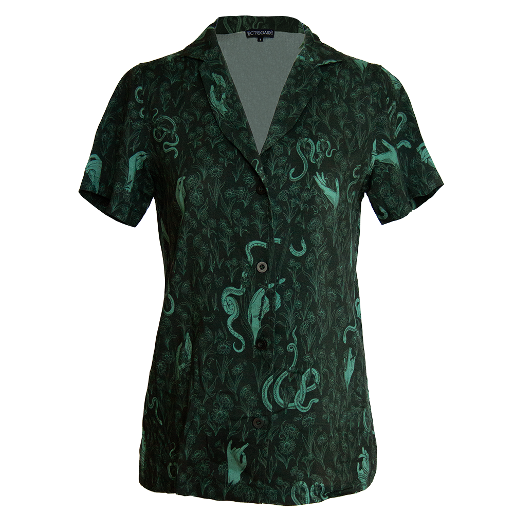 Womens goth clothes button down shirt in green. 