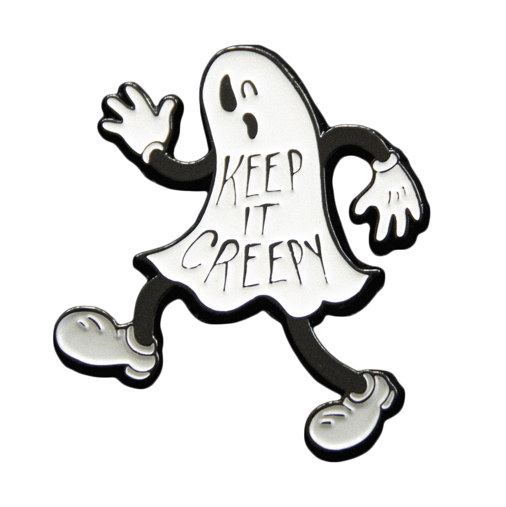 A vintage cartoon ghost in black and white with the quote, "Keep it Creepy"