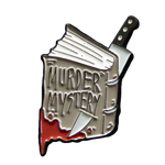 Book Enamel pin with 'Murder Mystery' text and knife design.