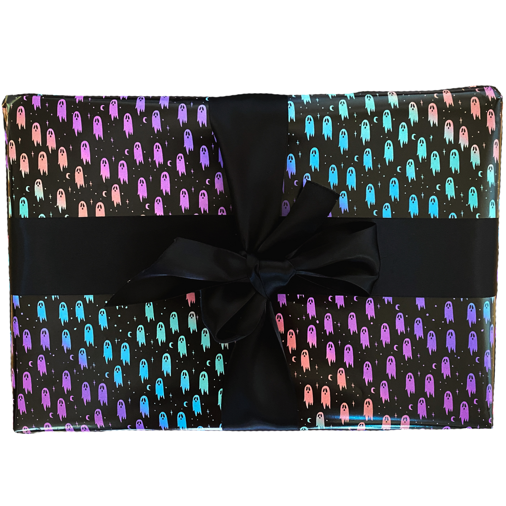 Ectogasm creepy cute pastel goth wrapping paper of rainbow colored ghosts on a black background. Ectogasm creepy cute pastel goth wrapping paper of rainbow colored ghosts on a black background. 