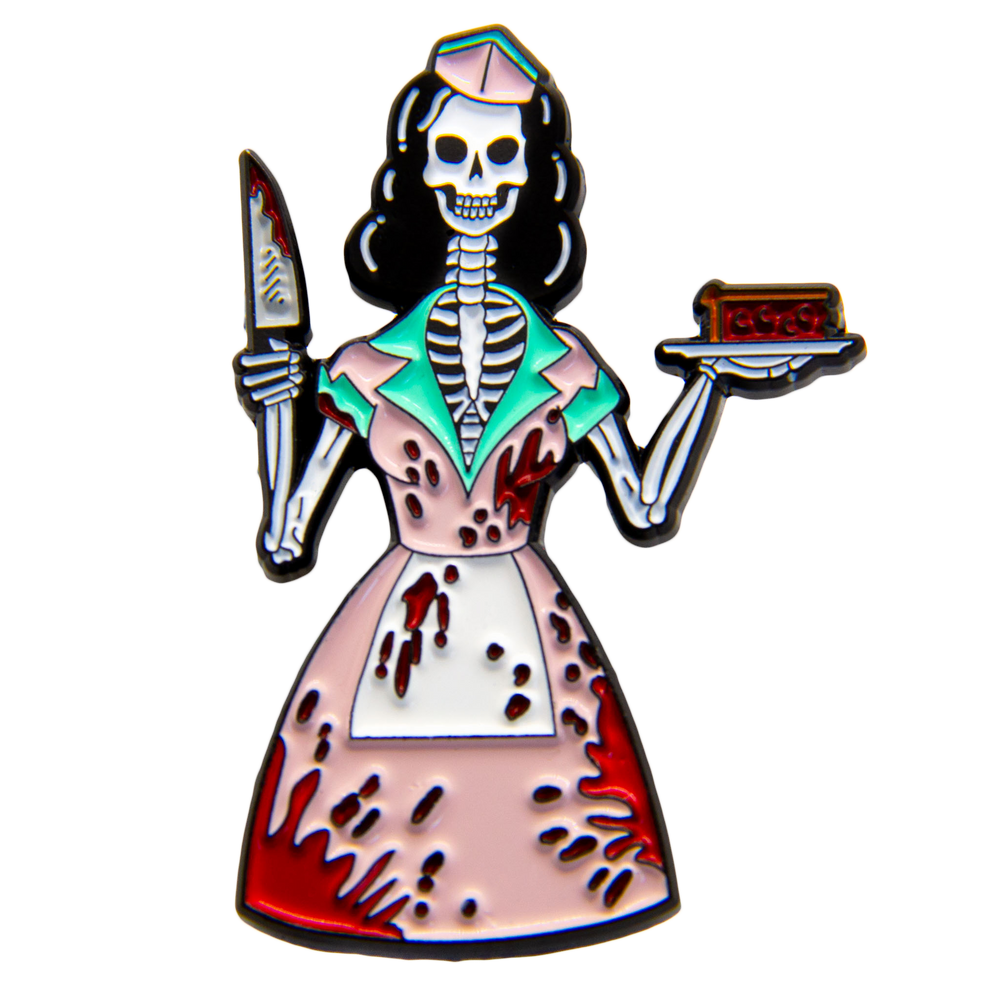 A horror themed enamel pin of a retro 50's diner waitress skeleton. 