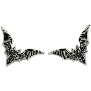 Goth fashion bat lapel pins accessory in silver and black. 