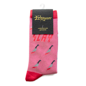 Funny pink socks for women who love horror movies, fashion, and glamour. 