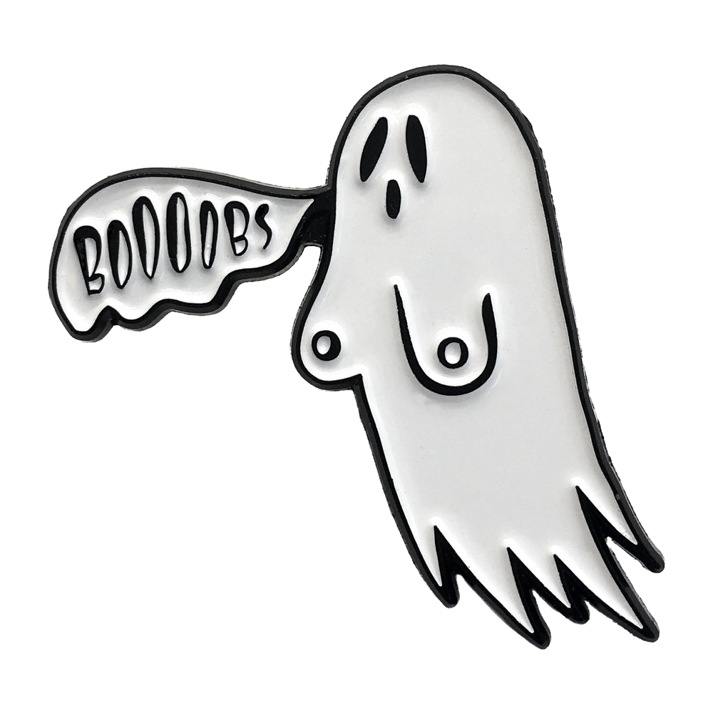 A funny enamel pin of a ghost with boobs.