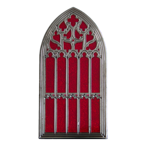 An red and silver enamel pin of the gothic window at Saint Giles Cathedral in Edinburgh Scotland. Dark history gift for men and women.