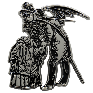 A cool enamel pin inspired by victorian art for goth fashion in black and silver.