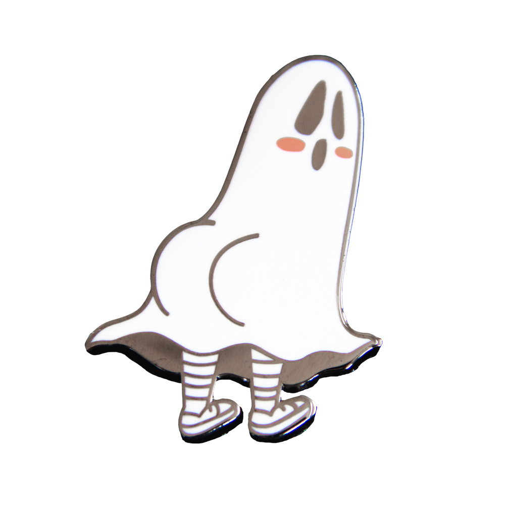 A funny enamel pin of a blushing sheet ghost with a big butt.. Made with silver and white enamel. 