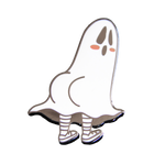 A funny enamel pin of a blushing sheet ghost with a big butt.. Made with silver and white enamel. 