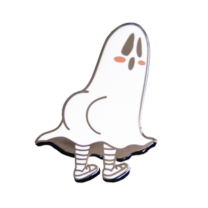 A funny enamel pin of a blushing sheet ghost with a big butt.. Made with silver and white enamel. 
