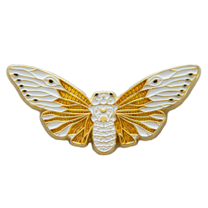 A cool insect pin of a ghost cicada in white and gold.